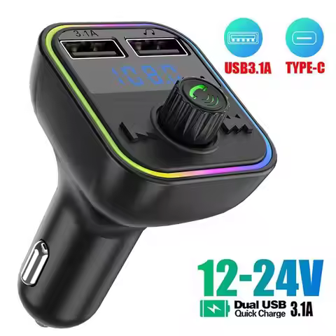 Car Handsfree Bluetooth 5.0 FM Transmitter Dual USB Fast Light Charger Player 3.1A MP3 Ambient Modul