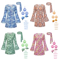 Retro Outfit For Woman 60s 70s 80'S Hippie Costume Dresses Headband Glasses Necklace Earrings Access