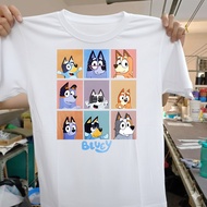 Bluey Fan Favorite T Shirt 9 Character Grid Design Cotton Crewneck Tee Baju Bluey Kids & Adult