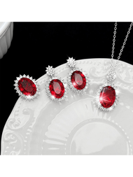 4入組復古模擬鴿血紅橢圓形紅寶石項鍊、耳環和戒指套裝，適用於2024年母親節皇家禮品