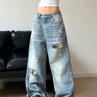 Women's Cute Wide Leg Distressed Jeans, Extra Long Non-Stretch, Sexy Party Style, Medium Blue Wash, 