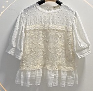 韓國yard hanna 米白色精緻刺繡假兩件拼接上衣top