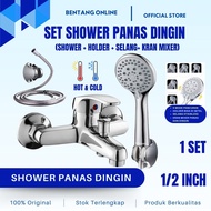 Kran Shower Set Kamar Mandi Air Panas Dingin Mixer Satu Paket Keran Stainless Komplit Stenlis Selang