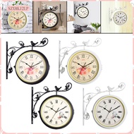 [szxmkj2lp] Iron Double Faced Retro Wall Hanging Clock Garden Decor, Pointer and Roman Number Dial