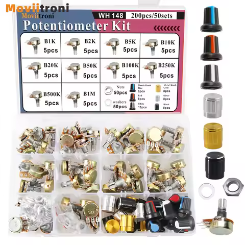 200pcs WH148 Potentiometer Kit Single-Joint Potentiometers With Rotary Knob b1k 2k 5k 10k 20k 50k 10