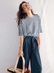 เสื้อยืดลายทางถักบางระบายอากาศได้ดี Vever Zhang Da Yi เส้นใยลินิน ทรงหลวม ปกป้องแสงแดด สำหรับผู้หญิง