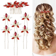 7 Pieces Decorative Red Party Prom Wedding Bridal Rhinestone Hair Side Comb+U-shaped Hair Pins Acces