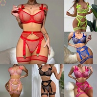 Temptation Sleepwear Garter Belt Patchwork Three Piece Bra Set Trikini Woman