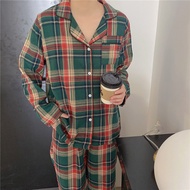 Green Christmas Couple Pajama Set Simple Plaid Pajamas Pure Cotton Autumn/Winter Womens Pajama Set L