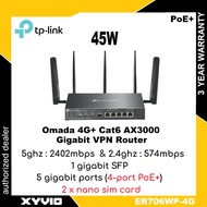 NEW LAUNCH TP-LINK ER706WP-4G (2 x Nano Sim) Omada 4G+ Cat6 AX3000 Gigabit VPN Gateway with 4-Port P
