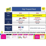 SIMKAD DIGI PREPAID NEXT 20,UNLIMITED CALL & DATA 20GB
