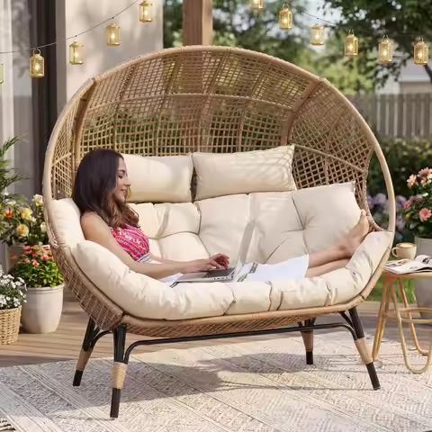Oversized Wicker Egg Chair 2 Person Loveseat with Thick Padded Cushions for Patio Balcony Porch Indo