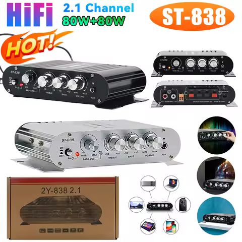 ST-838 HiFi 2.1 Channel Stereo Bass Sound Amp Bass and Treble Adjustment 80W*2 Audio Amplifier Black
