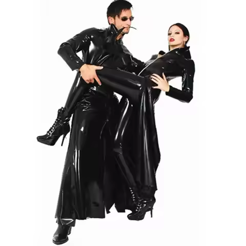 New Listing Men Women Black Shiny PVC Latex Matrix Neo Long Coat Faux Leather Long Trench Coat Costu