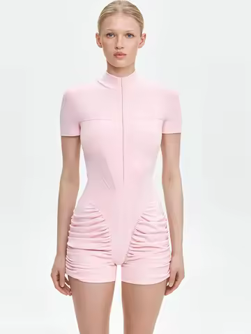 JULISSA MO Turtleneck Yoga Short Sleeve Zipper Women Playsuit High Waist Ruched Bodysuit Summer Slim