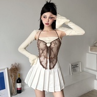 Kliou new Korean Style Fahsion Sweet Women Long Sleeve Halter Neck Lace T-shirt Slim Fit Stretch Casual Crop Tops