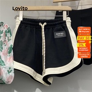 Lovito Casual Letter Drawstring Contrast Tape Wide Leg Mid Waist Shorts for Women LNE12135 (Black) Lovito Celana Pendek Pinggang Tengah Kaki Lebar Pita Kontras Serut Huruf Kasual Untuk Wanita