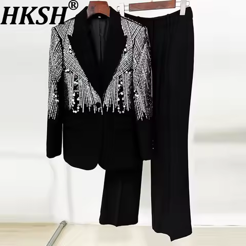 HKSH Autumn New Women Two-Piece Suit Set Heavy Craft Sequined Single Button Elegant Fashion Blazer S