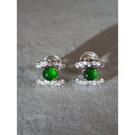 #J711-2 100% Natural Grade A Icy Jade Jadeite Earrings H7.1m 925 Silver