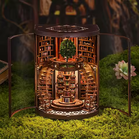 3D Wooden Puzzle Book Nook DIY Mini Magic Library House Kit with LED Light Bookend Model Building Se