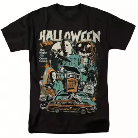 Men's Vintage 90s Michael Myers Halloween Horror Movie Graphic T-Shirt Black Retro Spooky Design wit