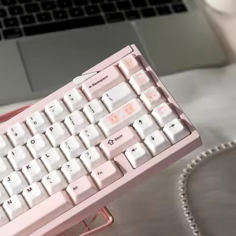 XVX Tea Time Ceramic Cherry Profile 120-Key Full Keycap Set Pink and White Lovely Bear Design Cerami