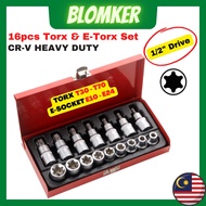 16pcs 1/2" Inch DR. Torx Bit Socket & E-Torx Socket Set T30 T40 T50 T55 T60 T70 E10 E11 E12 E14 E16 