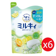 日本牛乳石鹼 COW 牛乳精華沐浴乳400ml 補充包 柚子果香*6包