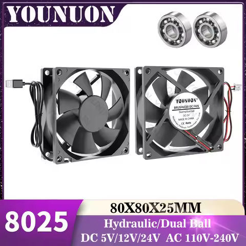 YOUNUN 80mm 8025 80X80X25MM Cooling Fan 5V/12V/24V DC Brushless Cooling Cooler Fan 8025 Sleeve&Dual 
