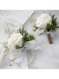 2入組橄欖色薔薇手腕胸花手環手鐲和男士胸花套裝,適用於白色婚禮花卉配件、舞會西裝裝飾