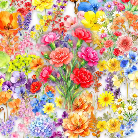 50pcs Ink Colorful Flower Stickers Pack INS Decals Waterproof Transparent PET Booklet Flower Materia