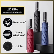 【Merdeka Sale】Automatic Easy Open Close Umbrella 12 Ribs Windproof Folding Umbrella Payung Lipat Mur