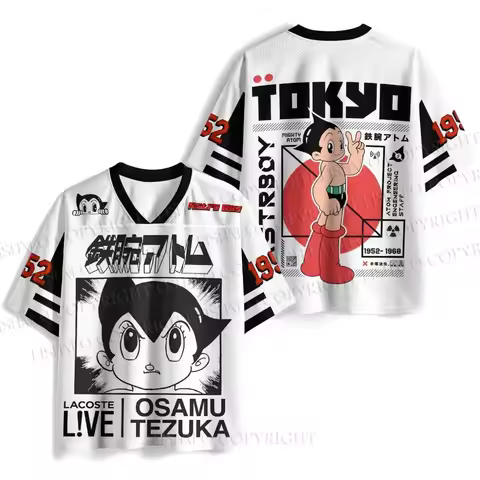 2026 Retro Astro Boy Osamu Tezuka Print Mesh Jersey T-shirt Men Oversized Streetwear V-Neck Casual A