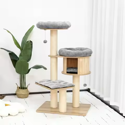 58.6" Modern Cat Tree, Wood Cat Tree w/ 4.7" Large Dia Sisal Scratching Posts, Heavy-Duty Cat Tree f