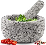 Heavy Duty Large Mortar and Pestle Set, Hand Carved from Natural Granite, Make Fresh Guacamole, Salsa, Pesto, Stone Grinder Bowl, Herb Crusher, Spice Grinder, 6.3" Wide, 2 Cup, Grey