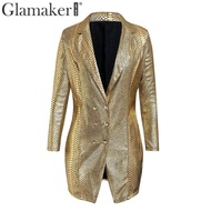 2021Glamaker Gold snake print sexy v-neck short dress Bodycon elegant buttons mini blazer dress Female 2020 night party club dress