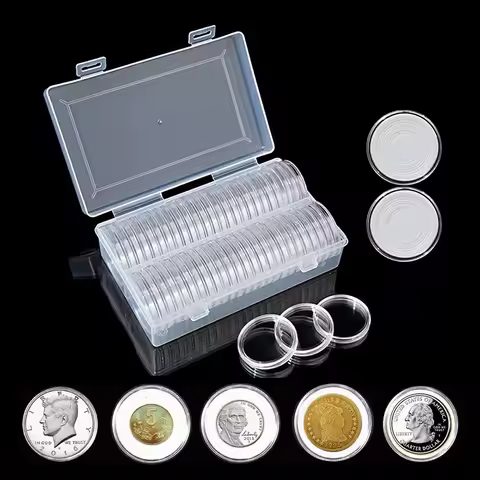50PCS 40mm Coin Capsules with Adjustable Foam Gaskets and Plastic Storage Box for 17/20/25/27/30/33/