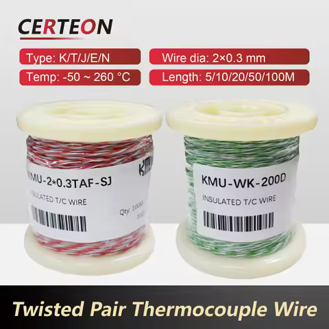 K/T/J/E/N thermocouple sensor wire twisted pair 2x0.3 PTFE insulated cable -50 to 260°C temperature
