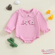 Aay-Baby Girl Romper Long Sleeve Doll Collar Cowgirl Boots Embroidery Bodysuit Fall Outfit