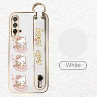 (With Wristband) For Huawei Nova 5T Pro Nova 5i Nova 4 Nova 4e Nova 3 Nova 3e Nova 3i Phone Case Cute Cartoon HelloKitty Square Edge Luxury Plating Cover Soft TPU Casing