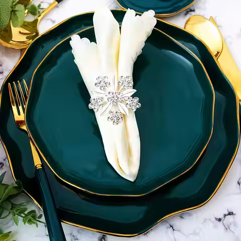 J1UL1N Napkin Ring 6-Piece Set Of Rhinestone Petal Napkin Ring Holder For Wedding, Dinner Party, Tab