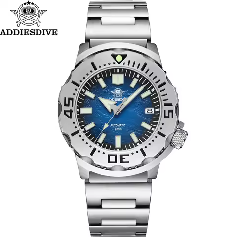 ADDIESDIVE Luminous 42mm 200M Diving Watches AR Sapphire Crystal Monster Blue Dial Wristwatches Stee