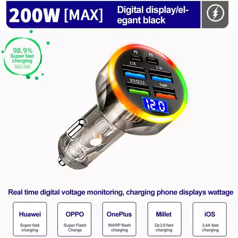 200W Car Charger QC3.0 Type-C Quick Charge Transparent Case PD for IPhone 15 14 13 12 Xiaomi Poco Sa