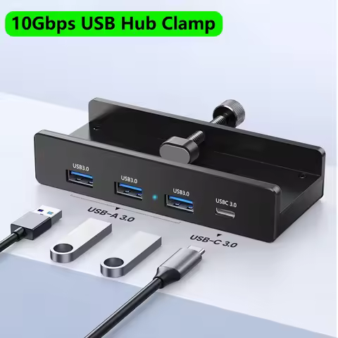USB HUB3.0 4-Port Clip Model with Power Adapter for MAC, OS, PC High Speed 5Gbps Data Transfer compu