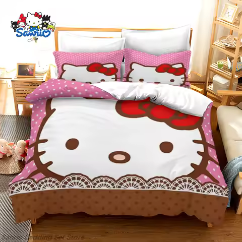 Sanrio Hello Kitty Bedding Set - Kawaii Hello Kitty Duvet Cover Quilt Cover for Girls Aesthetic Japa