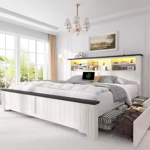 EnHomee King Size Bed Frame and Headboard & Storage, 4 Drawers and LED Built in Charging Station Kin