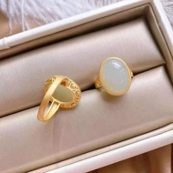 Hetian jade Ring female inlaid egg Face Ring S925 Silver Plated inlaid White jade Jasper egg Face Ri