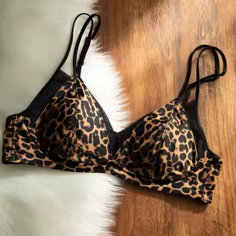 Chic Leopard Bra Briefs,Wireless Triangle Cup,Summer Ultra Thin Nude Comfort,Boost Small Chest Volum
