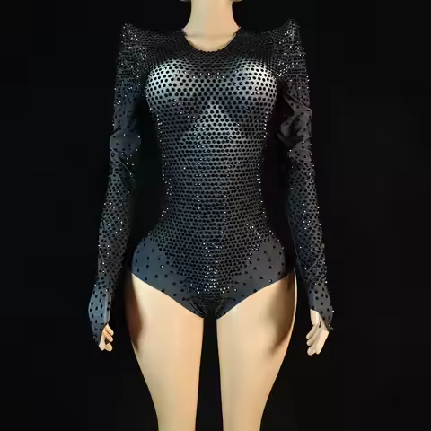 Shiny Long Sleeves Rhinestone Bodysuits Women One Piece Jumpsuits Aerial Dance Leotard Festival Clot
