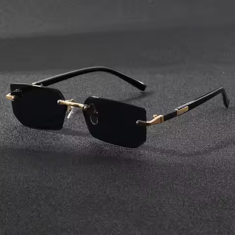 Rimless Polygon Sunglasses for Men Gold Black Frame Cut Edge Lens UV Protection Business Casual Eyew